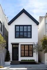 Obraz premium Discover a delightful modern home featuring striking black trim and expansive windows, perfectly situated in a serene urban neighborhood bathed in midday sunlight