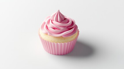 Pink cupcake, frosting swirl, white background, dessert