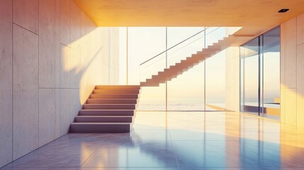 Modern house with staircase, big windows and ocean view at sunset, for real estate