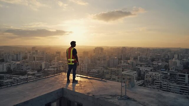 Worker on rooftop at sunset cityscape panorama, architectural view