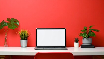 laptop on the table with red background