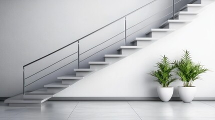 Indoor staircase in a home, with plants on the ground floor. Interior design use