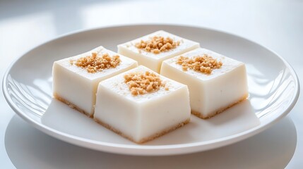 Four Square Milk Desserts, Creamy White Topping with Crushed Granola on White Plate