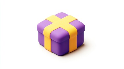 Purple gift box with yellow ribbon, isolated background, 3D render, website icon