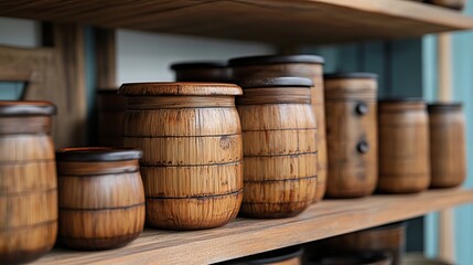 Rustic Brown Bamboo Wooden Barrels Containers Vintage Asian Style Home Decor Kitchen Storage Jars Rustic Texture Natural Wood Grain Authentic Craftsmanship Elegant Design Decorative         