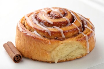 Freshly Baked Cinnamon Roll with Icing and Cinnamon Sticks Nearby