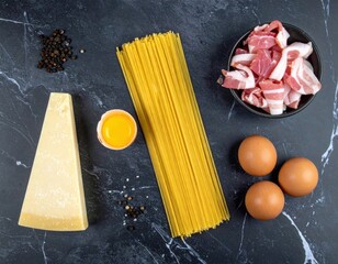 Spaghetti And Bacon Ingredients Arranged On Dark Marble