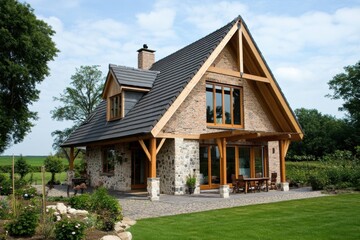 A charming rustic house made of stone and timber is nestled in a lush green landscape, offering a peaceful retreat in the countryside on a bright and clear day
