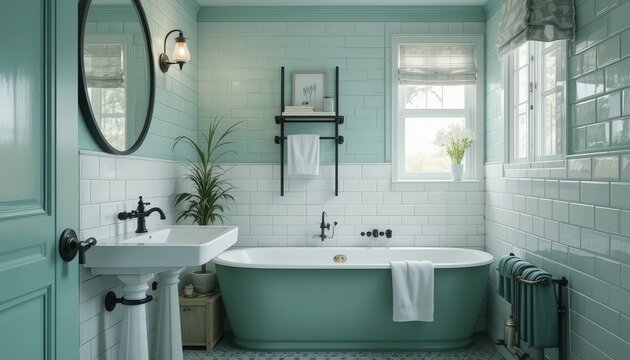Stylish Vintage Bathroom Featuring a Freestanding Tub and Modern Fixtures in a Serene Color Palette