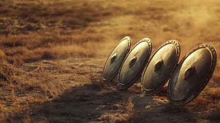Four ancient shields lie on a sun-drenched field.