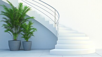 Minimalist home decor with potted plants near a winding staircase