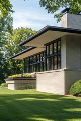 Modern architectural masterpiece features large windows and clean lines set in a lush green landscape during a sunny afternoon