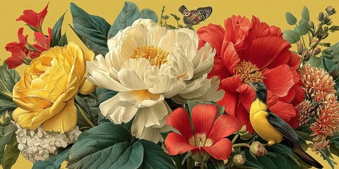 Vibrant Floral Arrangement with Bright Yellow Background Highlighting Springtime Beauty