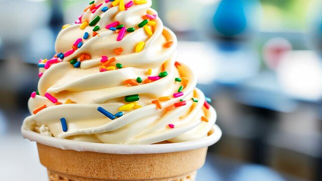 Sweet Treat: A creamy vanilla ice cream cone topped with colorful sprinkles promises a delightful indulgence, perfect for a sunny day or a special occasion. 