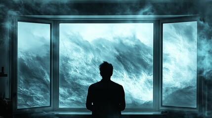 Fototapeta premium Silhouette of person looking out window at rough sea with fog in a dark and moody atmosphere