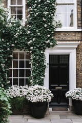 Beautifully adorned entrance with white flowers and climbing greenery on a charming brick building in a serene urban setting