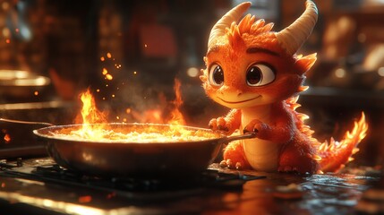 Playful orange baby dragon cooks a bubbling pan of food on a stove with flames and sparks in a warm kitchen setting