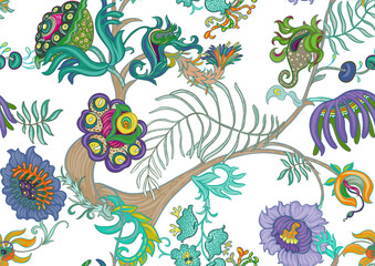 Fantasy, alien hypnotic flowers, decorative flowers and leaves. Cartoon style. Millefleurs trendy floral design. Seamless pattern, background. Outline hand drawing vector illustration.