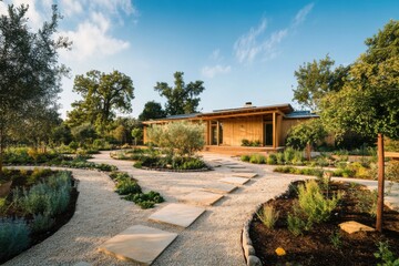 Nestled in the idyllic countryside, this stunning modern house boasts vibrant, lush gardens and meandering pathways, all set beneath a serene, clear blue sky