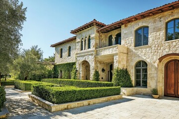 Fototapeta premium Stunning stone mansion surrounded by manicured gardens and greenery in a sunny location, showcasing elegant architecture and inviting outdoor spaces