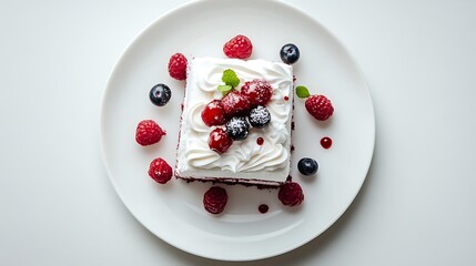 Delicious Red Velvet Cake Slice with Berries and Whipped Cream on White Plate