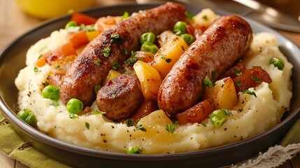 Delicious Roasted Sausages with Creamy Mashed Potatoes and Roasted Vegetables A Perfect Comfort Food Dish Savory Seasoned Meat Potatoes Peas Carrots Onions Herbs Garnish meal bowl home lunch