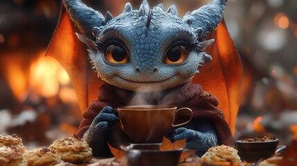Obraz premium Adorable Dragon with Large Eyes Holds Steaming Cup, Sitting at Table with Biscuits and Beverage Enjoying Cozy Warmth