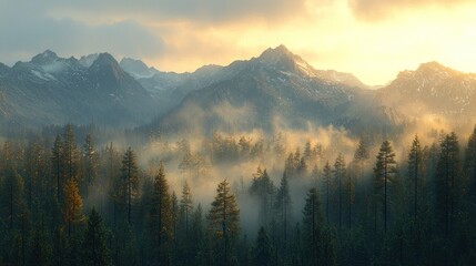 Obraz premium Misty mountain forest at sunset, showcasing golden light filtering through the trees and clouds
