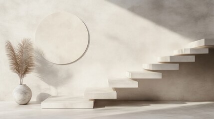 Neutral stairs to nowhere with pampas grass in a vase for interior design