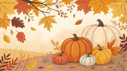 Autumn Harvest Scene with Colorful Pumpkins and Falling Leaves