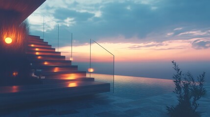 Scenic staircase leads to the ocean; dusk; calm water. Could be travel ad
