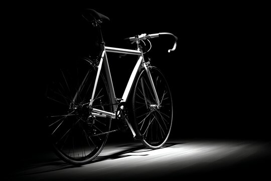modern bicycle leaning on invisible wall, isolated object shot with dramatic lighting on black background