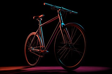 Fototapeta premium modern bicycle leaning on invisible wall, isolated object shot with dramatic lighting on black background