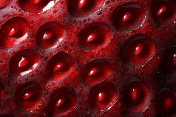 Extreme closeup of red fruit surface with textured seeds