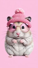 Fototapeta premium Fluffy hamster in pink hat and glasses posing for cute studio portrait