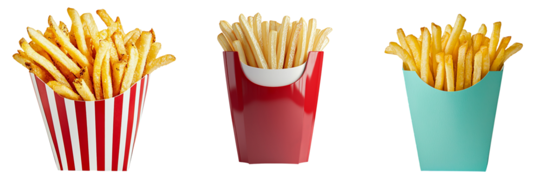 Png of Three servings of crispy French fries in colorful containers against a white background.