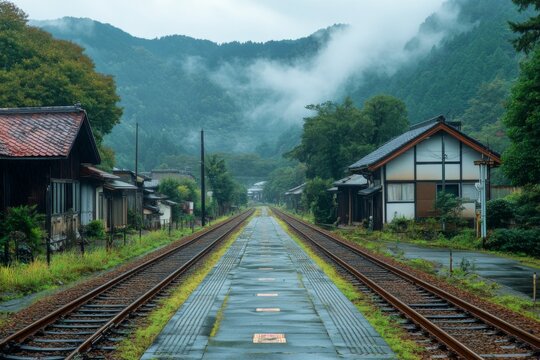 Old railway station in rural village with tracks and misty background - Powered by Adobe