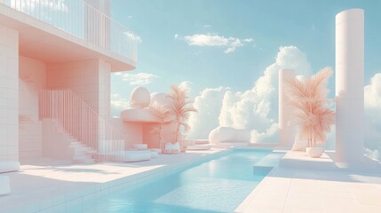 Poolside dreamscape surreal pastel architecture, sky with clouds for daydreaming