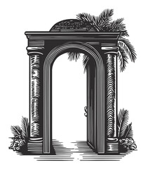 Fototapeta premium Elegant Archway Illustration with Palm Trees and Open Door Design
