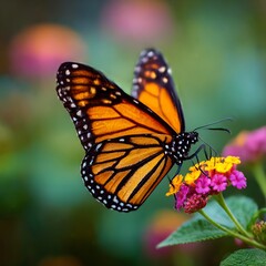 Monarch butterfly gracefully soars among vibrant blossoms in sun-drenched garden