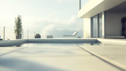 Poolside relaxation at modern villa, peaceful escape with calming cloudscape behind