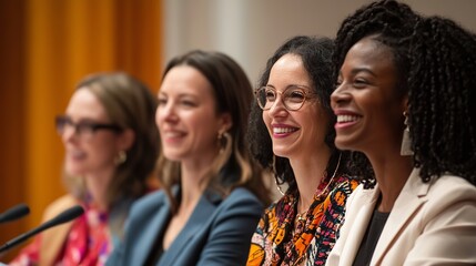 Group of four diverse women smiling at an event with microphones in front of them on a panel stage