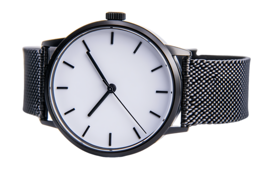 Minimalist Black and White Wristwatch with Metal Mesh Band