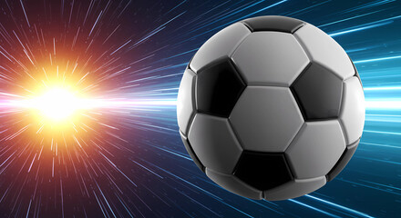 A football against a backdrop of fast-moving motion across a cosmic space enhances the sense of speed and depth.