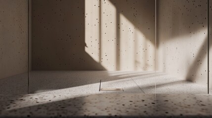 Shower cubicle with sunlight creating abstract shadows on wall and floor; interior design