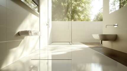 Bright minimalist bathroom scene with sunlight, creating ambiance of cleanliness