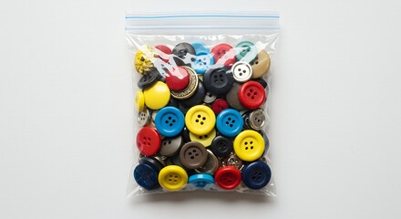 Assorted colorful buttons in plastic bag