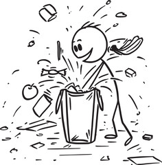 Happy Person Throwing Trash into Bin with Items Flying Out Icon Black and White Design