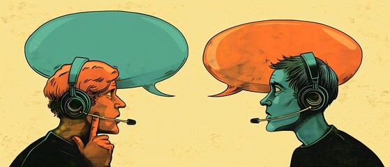 concept design graphic tech support professional headset talking client icon bubble using tech blue vibrant orange white grey color scheme simple clean vector illustration customer service Flat