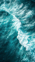 Dynamic Top View of Turquoise and Deep Blue Ocean Water with Foaming Waves and Sea Spray in Natural Daylight, Bestseller Background	